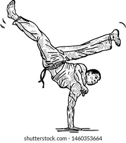 A Capoeira pugilist making an inverted handstand kick. Hand drawn vector illustration. 