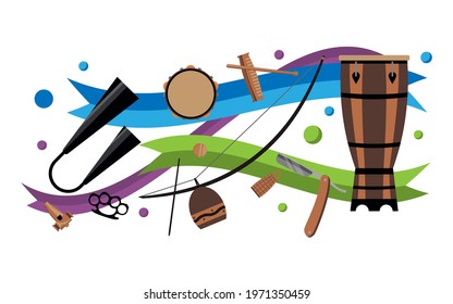 Capoeira and samba instruments set with colorful tapes and bubbles. Pattern with latin musical instruments. Traditional ethnic brazilian musical instruments set in vector  isolated on white backdrop.