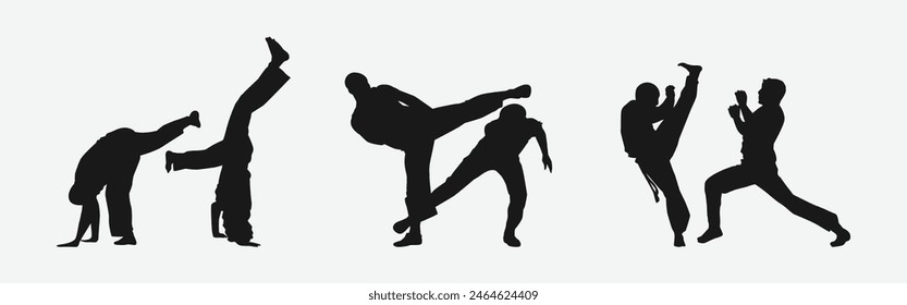 Capoeira silhouettes set. Brazilian martial arts. Self-defense, fighting, dance. Different action, movement, pose. Graphic vector illustration.