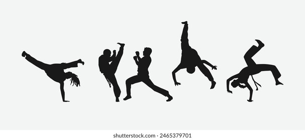 Capoeira silhouettes set. Brazilian martial arts. Self-defense, fighting, dance. Different action, movement, pose. Graphic vector illustration.