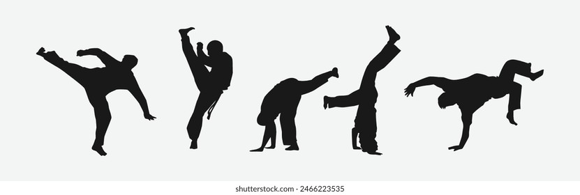 Capoeira Silhouetten Set. Brasilianische Kampfkünste. Selbstverteidigung, kämpfen, tanzen. Andere Handlung, Bewegung, Pose. Grafische Vektorillustration.