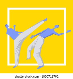 Capoeira, the traditional Brazilian martial art. Two men fighting. Vector illutration, design template for sport poster.