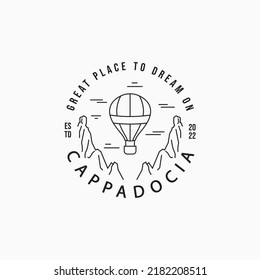 Cappadocia air balloon festival logo concept. Simple line art hot air balloon float logo design. Travel air balloon float above rock valley.