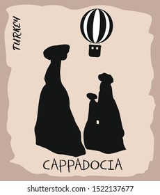Cappadocia and balloon silhouette. Famous Symbols of Turkey, vector illustration
