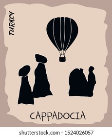 Cappadocia and balloon silhouette. Famous Symbols of Turkey, vector illustration