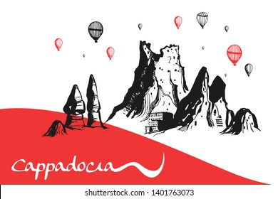 Cappadocia Hand drawn Turkish famous place. Caves, stones and ballons in the sky. Vector illustration for print or poster design. 