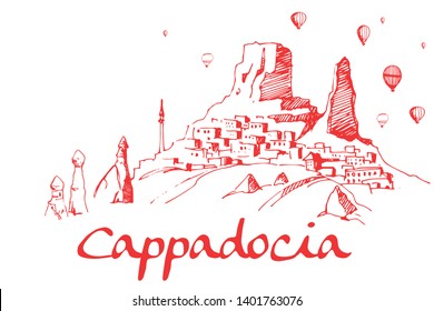 Cappadocia Hand drawn Turkish famous place. Caves, stones and ballons in the sky. Vector illustration for print or poster design. 