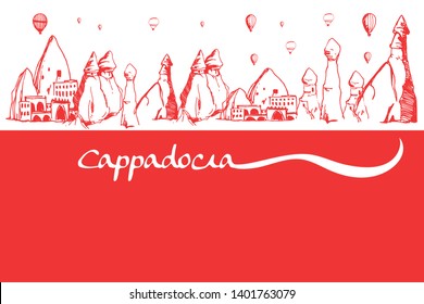 Cappadocia Hand drawn Turkish famous place. Caves, stones and ballons in the sky. Vector illustration for print or poster design. 