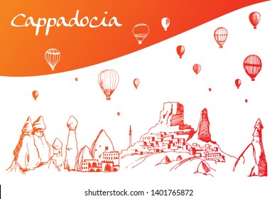 Cappadocia. Hand drawn turkish famous travel place. Gradient color. Caves, stones and ballons in the sky. Vector illustration for banner or print design