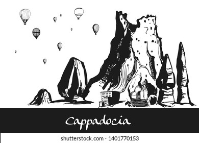 Cappadocia. Hand drawn turkish famous travel place. Gradient color. Caves, stones and ballons in the sky. Vector illustration for banner or print design