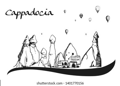 Cappadocia. Hand drawn turkish famous travel place. Gradient color. Caves, stones and ballons in the sky. Vector illustration for banner or print design