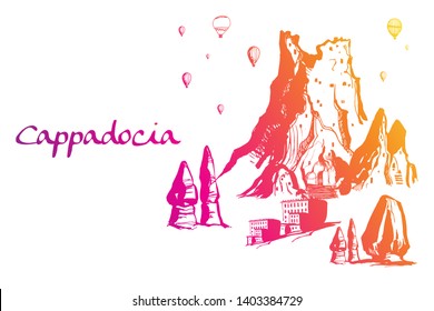 Cappadocia. Hand drawn turkish famous travel place. Gradient color. Caves, stones and ballons in the sky. Vector illustration for banner or print design