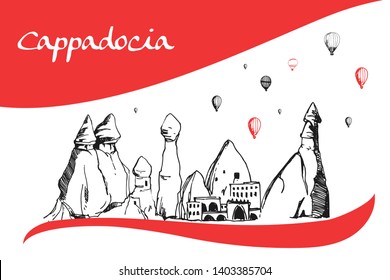 Cappadocia Hand drawn Turkish famous place. Caves, stones and ballons in the sky. Vector illustration for print or poster design. 