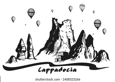 Cappadocia Hand drawn Turkish famous place. Caves, stones and ballons in the sky. Vector illustration for print or poster design. 