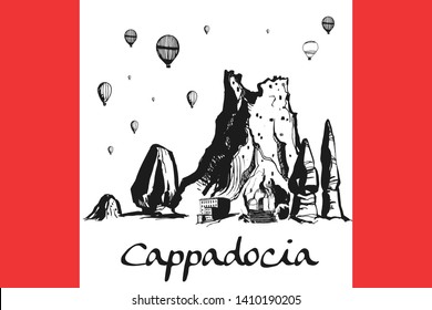 Cappadocia Hand drawn Turkish famous place. Caves, stones and ballons in the sky. Vector illustration for print or poster design. 