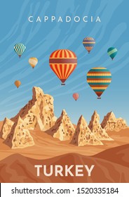 Cappadocia hot air balloon flight. Travel to Turkey. Retro poster, vintage banner. Hand drawing flat vector illustration. 