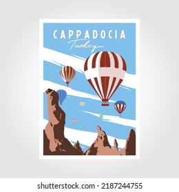 Afiche de vuelo en globo aerostático de Cappadocia. Viaje a Turquía. Afiche retro, pancarta vintage.