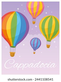 Capadocia. Globos de aire caliente en el cielo púrpura. Viajes de aventura en Turquía, vacaciones, viajes en globo aéreo. Globo de aire Rainbow. Ilustración vectorial plana. Diseño de póster y tarjeta. 