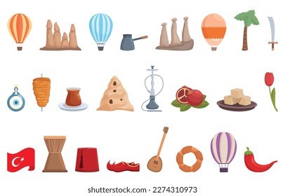 Cappadocia icons set cartoon vector. Travel balloon. Sky summer