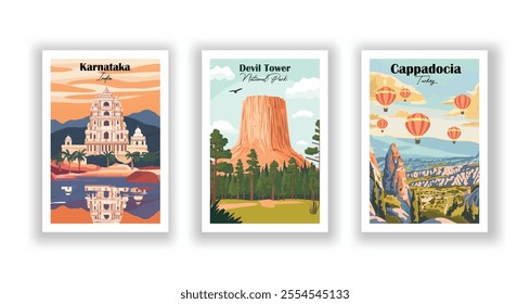 Cappadocia, Italy, Devil Tower National Park, Karnataka, India. Hand drawn, Vector illutration. Vintrage travel poster. Wall Art and Print Set for Hikers, Campers, and Stylish Living Room Decor