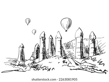 Cappadocia landscape travel sketch, Hot air balloons fly over spectacular rock formations, Nature hand drawn illustration, Love valley in Turkey