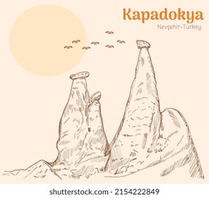 Cappadocia - nevsehir turkey. hand drawing vector illustration 