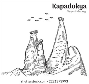 Cappadocia - nevsehir turkey. hand drawing vector illustration 