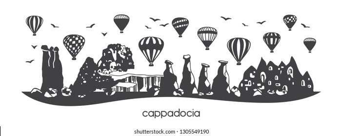 Cappadocia, Turkey. Black horizontal silhouette of famous turkish symbols and landmarks. Hand drawn doodle elements of fairy chimneys, caves, stones, hot air balloons. Panoramic banner or print design