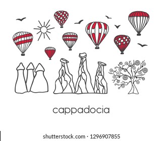 Cappadocia, Turkey. Modern vector illustration of a famous turkish landmarks in a clear design style: black doodle outline and red color blocks on white background. Card, banner, poster, flyer design 