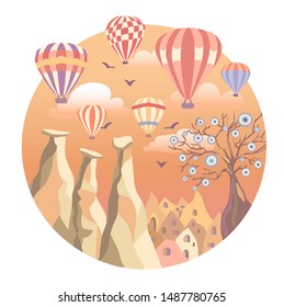 Cappadocia, Turkey. Vector illustration of a famous turkish travel destination. Anatolian landmarks: fairy chimneys, rocks, stones, the Evil tree, bright colorful hot air ballons in the sunset sky.