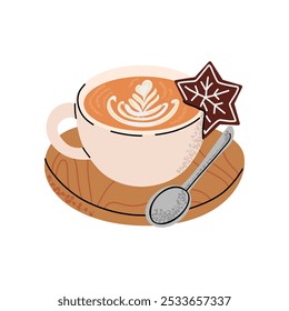 Cappuccino, Americano in a cup with Christmas gingerbread. Hot coffee with foam on wooden stand. Vector illustration in flat style. White isolated background.