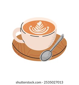 Cappuccino, Americano in a cup. Hot coffee with crema. Vector illustration in flat style. White isolated background.