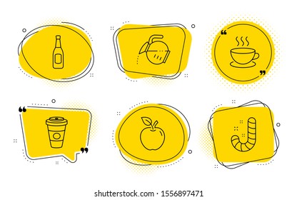 Cappuccino, Apple And Candy Signs. Chat Bubbles. Takeaway Coffee, Beer And Coffee Pot Line Icons Set. Hot Latte Drink, Pub Alcohol, Tea Drink. Espresso Cup. Food And Drink Set. Vector