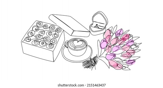 Cappuccino, box with chocolates, tulip bouquet, ring continuous line drawing. One line art of flowers, romantic, 14 february, heart, relationships, gift, love, coffee, love sweets.