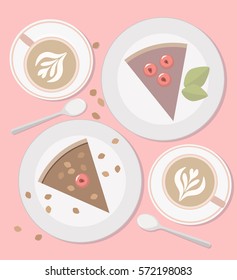 Cappuccino and cakes, top view