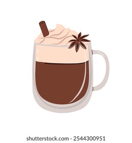 Cappuccino or cocoa in a glass with cream, anise, and a straw. Cozy winter illustration in flat style