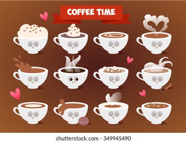 Cappuccino, cocoa. Hot drink. Vector illustration of comic characters coffee.  Icons of coffee types and their preparation on background.  