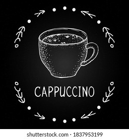 Cappuccino coffee. Beverages on blackboard chalk illustration. Vector white chalk hand drawn mug and beverage with decor. Winter drinks for menu