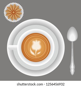 Cappuccino coffee cup with foam. Coffee set with plate, spoon and biscuit. Vector illustration.
