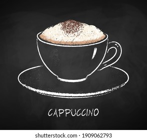 Cappuccino coffee cup isolated on black chalkboard background. Vector chalk drawn sideview grunge illustration.