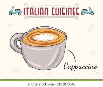 Cappuccino Coffee Drink. Coffee cup in continuous line art drawing style. vector outline hand drawn for coffee and bakery for café menu. 