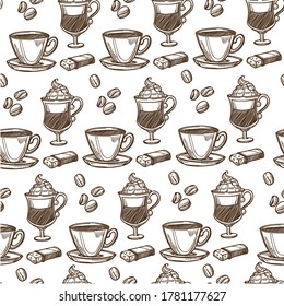 Cappuccino and coffee hot beverages served in cups and glasses seamless pattern. Sweet drinks in restaurants or cafe. Beans and whipped cream. Monochrome sketch outline, vector in flat style