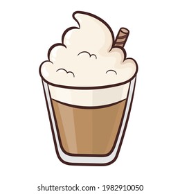 Cappuccino, coffee, latte or cocoa with cream in a glass. Colorful cartoon art isolated on white background. Vector illustration.