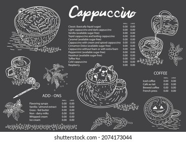Cappuccino coffee menu design template. Coffee restaurant menu. Vector beverage flyer for bar and cafe.  Hand drawn sketch illustration. Vector illustration. 
