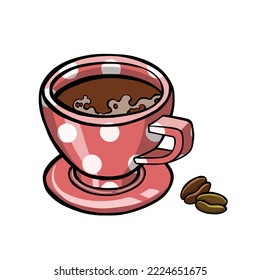 cappuccino coffee in a pink cup with peas and color vector illustration