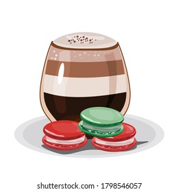 Cappuccino coffee And several macarons placed on the side.Vector illustration isolated on white background.Can be used for logo, icon, restaurant menu, packaging, and graphic.

