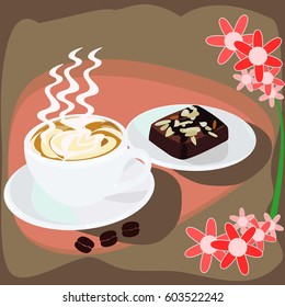 Cappuccino coffee and sweet chocolate brownies cake.