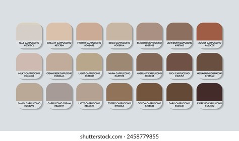 cappuccino colors with hex code. cappuccino Color Guide Palette with color Names. Catalog Samples are gray with RGB HEX codes and Names. Metal Colors Palette Vector, Wood and Plastic ash Color Palette