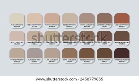 cappuccino colors with hex code. cappuccino Color Guide Palette with color Names. Catalog Samples are gray with RGB HEX codes and Names. Metal Colors Palette Vector, Wood and Plastic ash Color Palette
