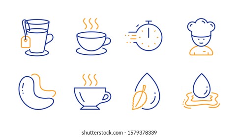 Cappuccino, Cooking timer and Cashew nut line icons set. Water drop, Coffee and Cooking chef signs. Tea, Water splash symbols. Espresso cup, Stopwatch. Food and drink set. Line cappuccino icon. Vector